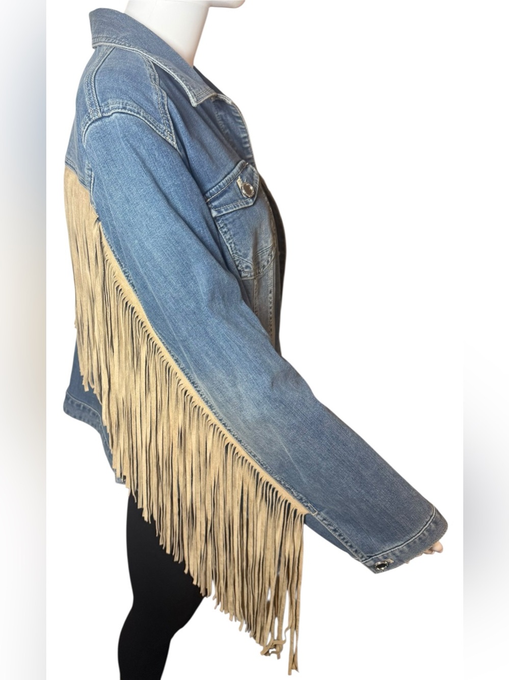 Chico’s Denim Fringe Jacket Faux Suede Western Size XL Chicos 3